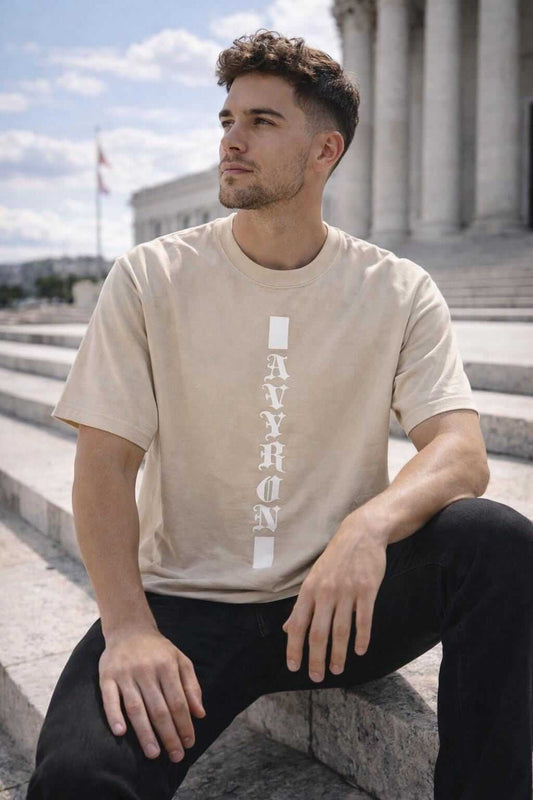 Avyron Clothing vertical gothic lettering column text graphic tee shirt